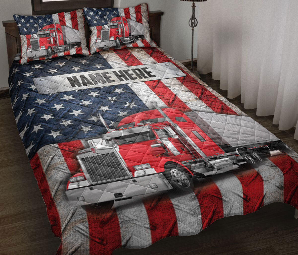 Personalized Trucker Quilt Bedding Set, Red Trucker US Flag Truck Driver Quilt Blanket With Pillowcases, Custom Name Duvet Cover Set