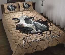 Personalized Cow Quilt Bedding Set, Cow Farm Crack Earths Quilt Blanket With Pillowcases, Custom Name Duvet Cover Set
