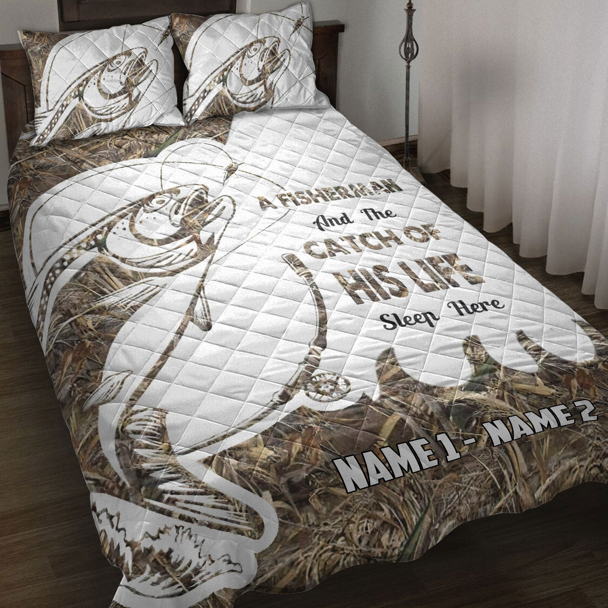 Personalized Fishing Quilt Bedding Set, Fisherman And His Best Catch Fishing Fish Quilt Blanket With Pillowcases, Custom Name Duvet Cover Set