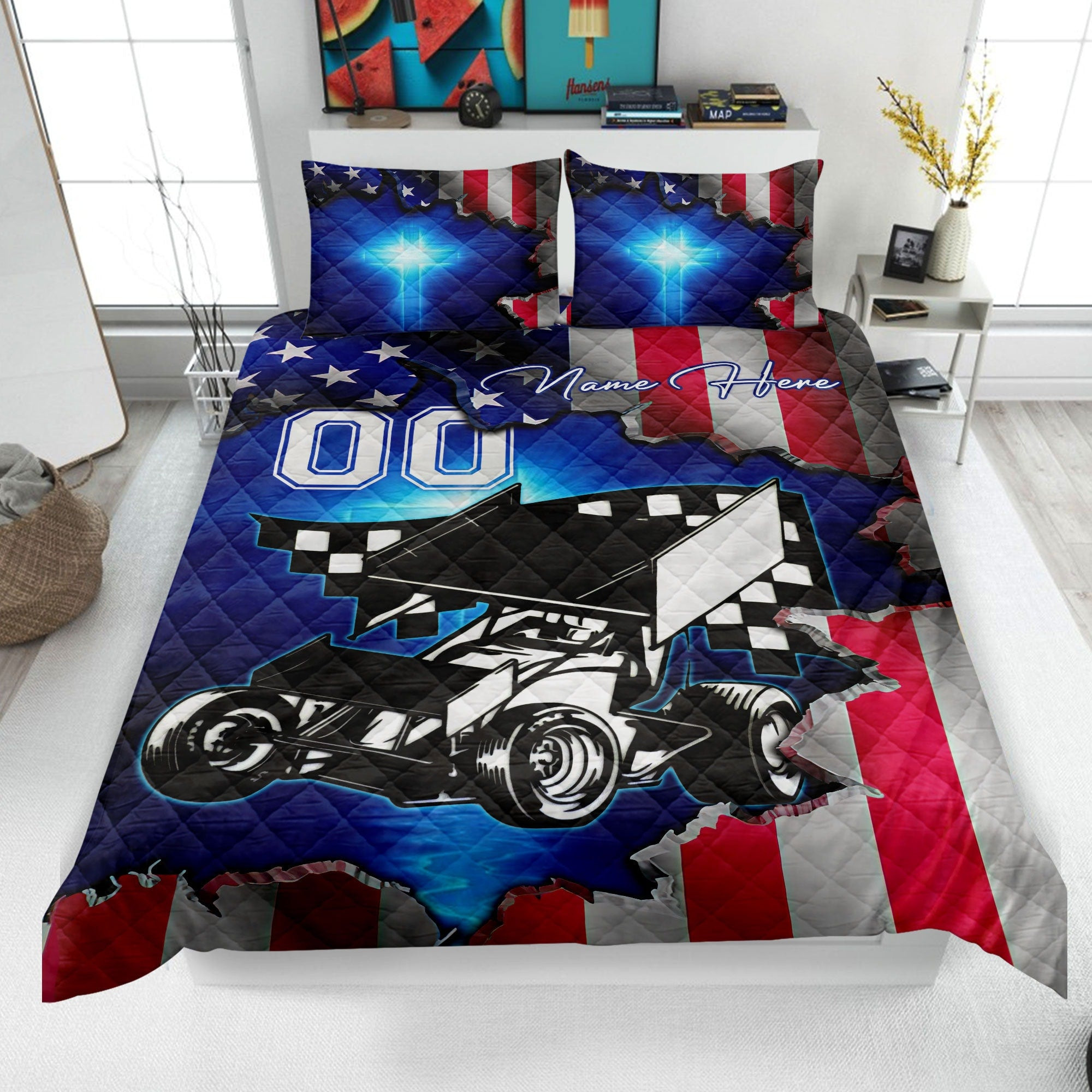 Personalized Racing Quilt Bedding Set, Dirt Track Racing Quilt Blanket & Pillowcases, Custom Duvet Cover Set, Gift for Racer, Dad, Husband, Son