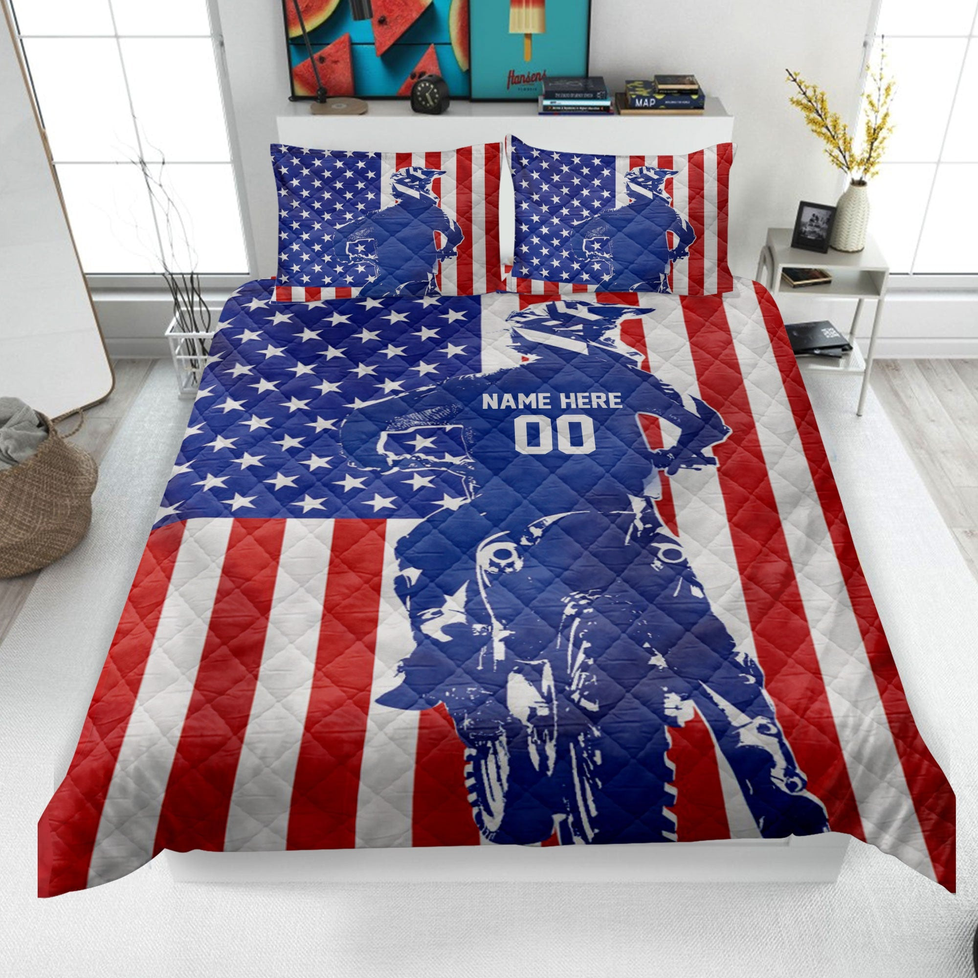 Personalized Dirt Bike Quilt Bedding Set, Dirt Bike US Flag Quilt Blanket & Pillowcases, Custom Name Duvet Cover Set, Gift for Dad, Husband, Son