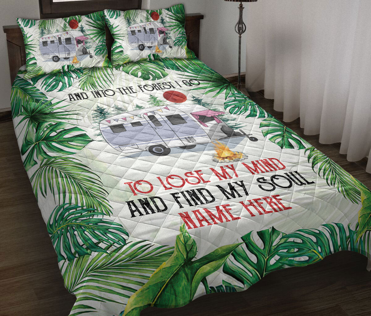 Personalized Camping Quilt Bedding Set, Into Theest Camping Caravan Quilt Blanket With Pillowcases, Custom Name Duvet Cover Set