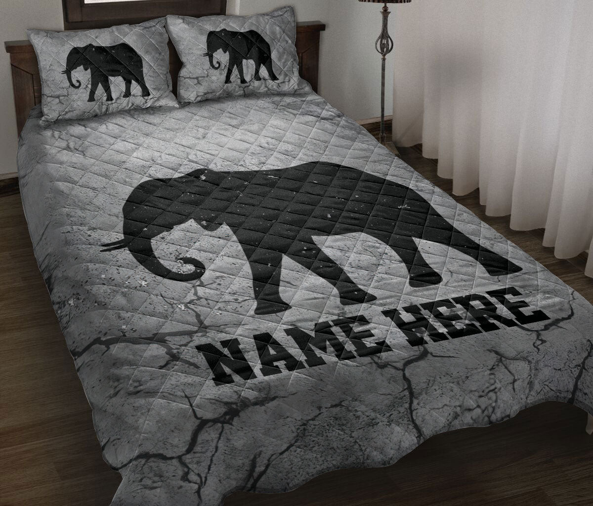 Personalized Elephant Quilt Bedding Set, Elephant Crack Grays Quilt Blanket With Pillowcases, Custom Name Duvet Cover Set