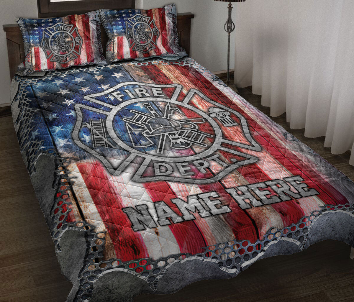 Personalized Firefighter Quilt Bedding Set, Firefighter US Flag Crack Metal Quilt Blanket With Pillowcases, Custom Name Duvet Cover Set