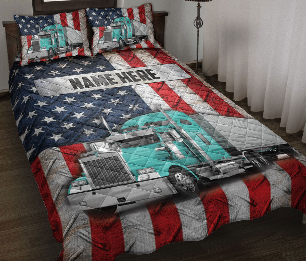 Personalized Trucker Quilt Bedding Set, Cyan Trucker US Flag Truck Driver Quilt Blanket With Pillowcases, Custom Name Duvet Cover Set