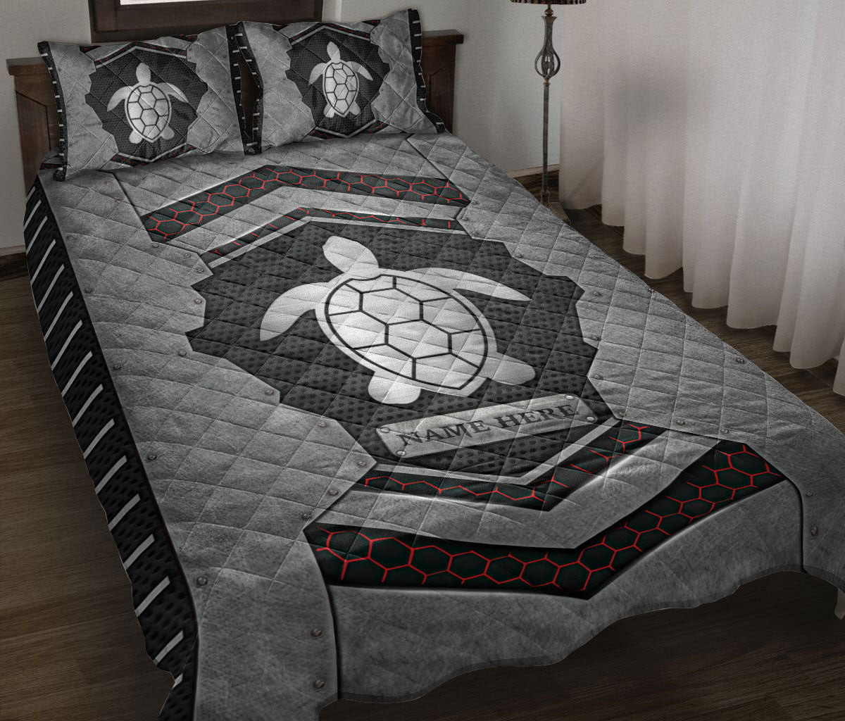 Personalized Turtle Quilt Bedding Set, Turtle Carbon Stone Silver Quilt Blanket With Pillowcases, Custom Name Duvet Cover Set