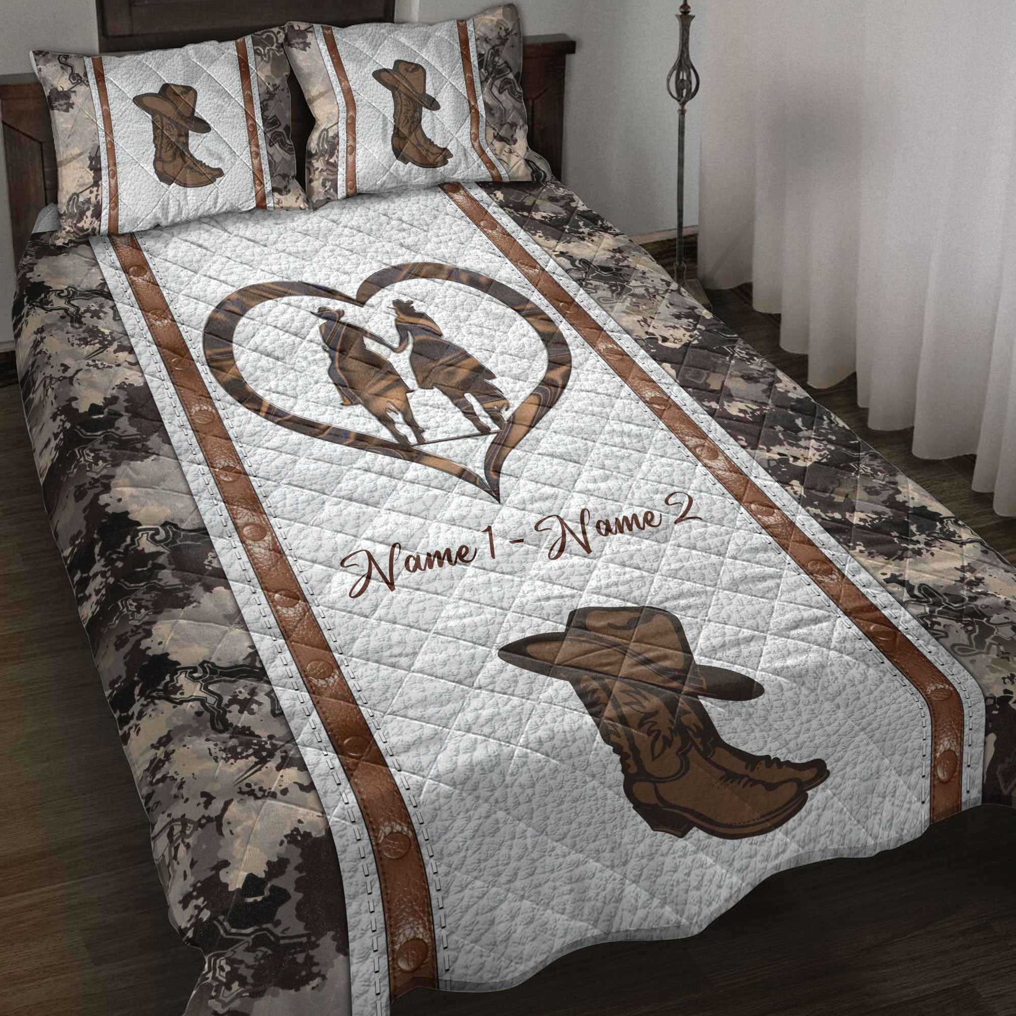 Personalized Cowboy Quilt Bedding Set, Western Cowboy Cowgirl Couple Horse Quilt Blanket With Pillowcases, Custom Name Duvet Cover Set