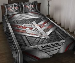 Personalized Lineman Quilt Bedding Set, Electrical Lineman Carbon Metal Silver Red Quilt Blanket With Pillowcases, Custom Name Duvet Cover Set