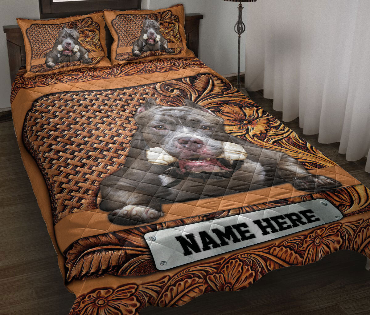 Personalized Bulldog Quilt Bedding Set, Bulldog Dog Sculpture Wood Quilt Blanket With Pillowcases, Custom Name Duvet Cover Set