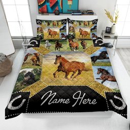 Personalized Horse Quilt Bedding Set, Horse Patchwork Pattern Quilt Blanket & Pillowcases, Custom Name Duvet Cover Set, Gift for Horse Lover