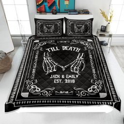 Personalized Skeleton Couple Quilt Bedding Set, Halloween Wedding Quilt Blanket & Pillowcase, Custom Name Duvet Cover Set, Halloween Gothic Gift