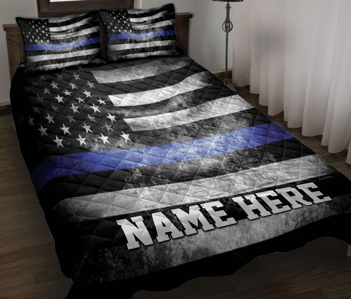 Personalized Police Quilt Bedding Set, Police Officer Usa Flag Blue Line Grunge Quilt Blanket With Pillowcases, Custom Name Duvet Cover Set