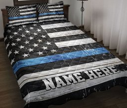 Personalized Police Quilt Bedding Set, Police Thin Blue Line US Flag Support Law Quilt Blanket With Pillowcases, Custom Name Duvet Cover Set