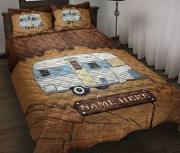 Personalized Camping Quilt Bedding Set, Camping Camper Trailer Crack Wood Quilt Blanket With Pillowcases, Custom Name Duvet Cover Set