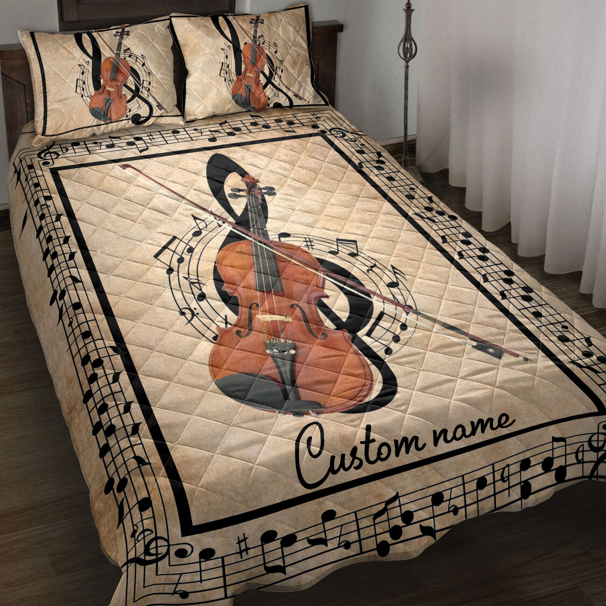 Personalized Violin Quilt Bedding Set, Violin Violinist Artist MusicTreble Clef Quilt Blanket With Pillowcases, Custom Name Duvet Cover Set