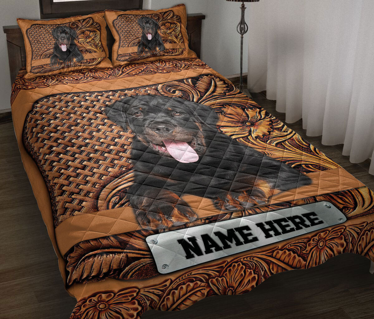 Personalized Rottweiler Quilt Bedding Set, Rottweiler Dog Sculpture Woods Quilt Blanket With Pillowcases, Custom Name Duvet Cover Set