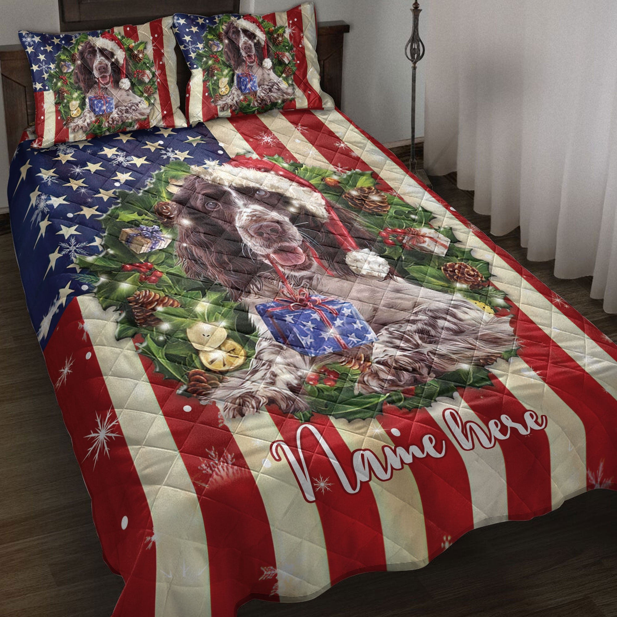 Personalized English Springer Spaniel Quilt Bedding Set, English Springer Spanielmas Hat Quilt Blanket With Pillowcases, Duvet Cover Set