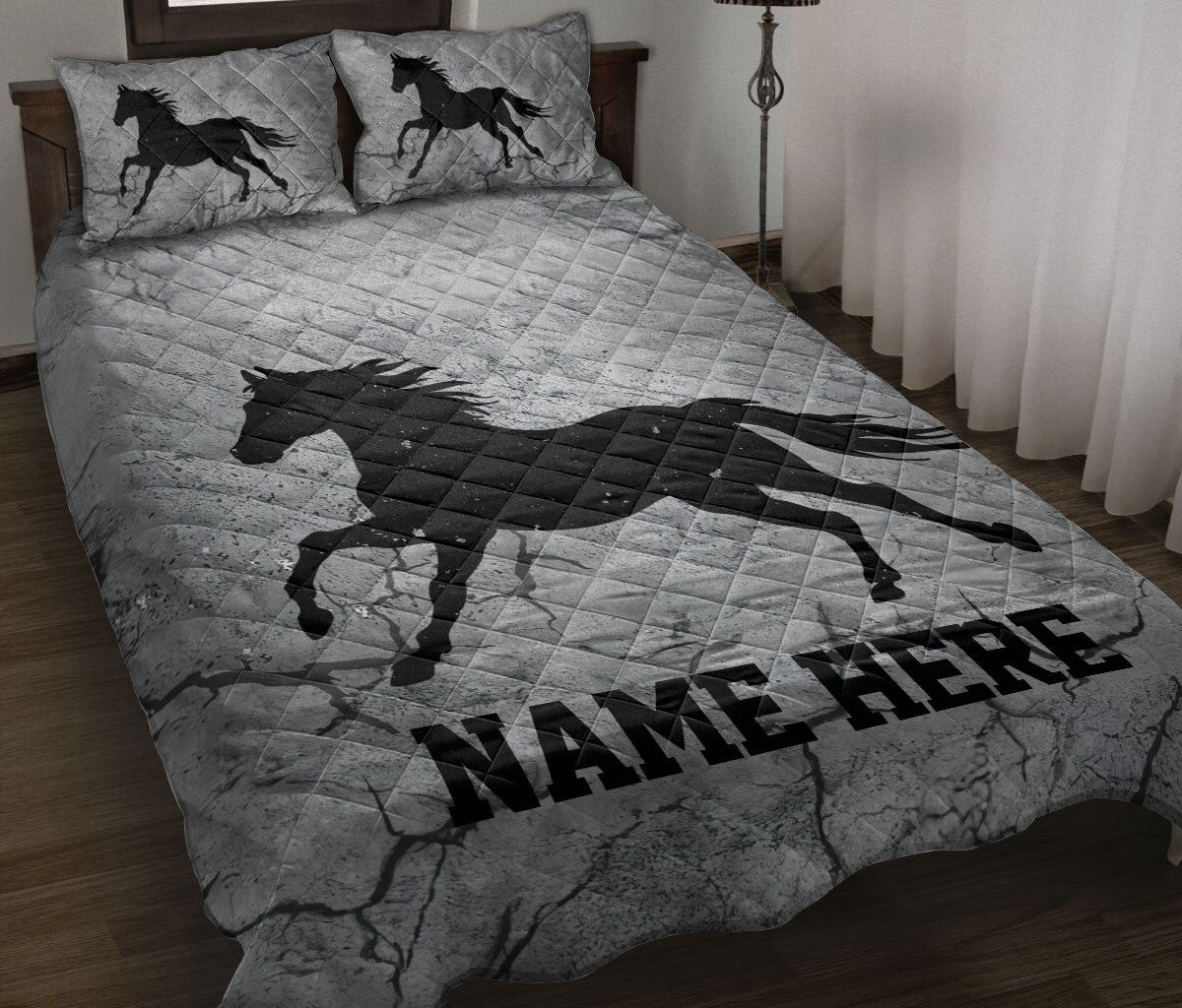 Personalized Horse Quilt Bedding Set, Horse Crack Grays Quilt Blanket With Pillowcases, Custom Name Duvet Cover Set