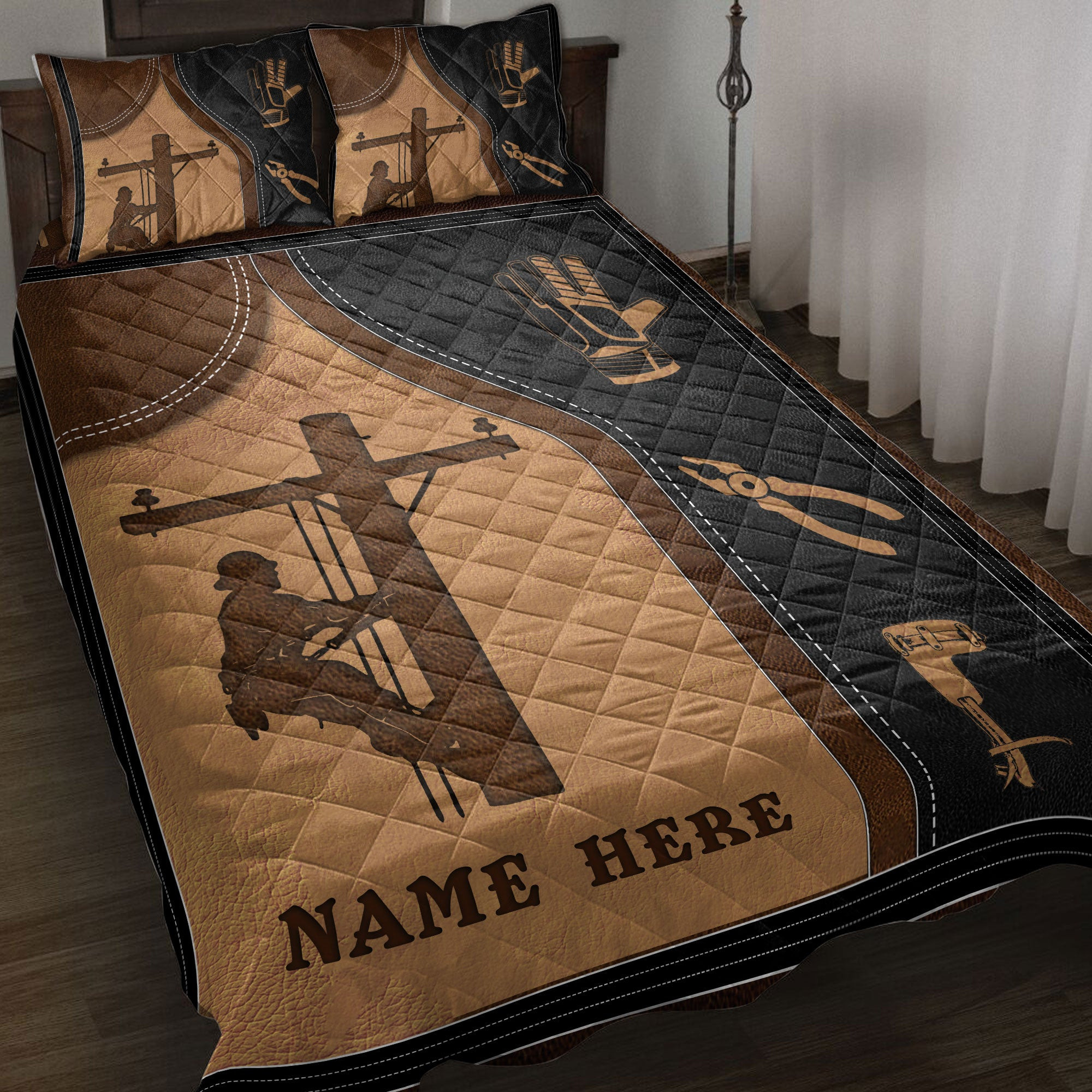 Personalized Lineman Quilt Bedding Set, Lineman Electrician Lineworker Linemen Quilt Blanket With Pillowcases, Custom Name Duvet Cover Set