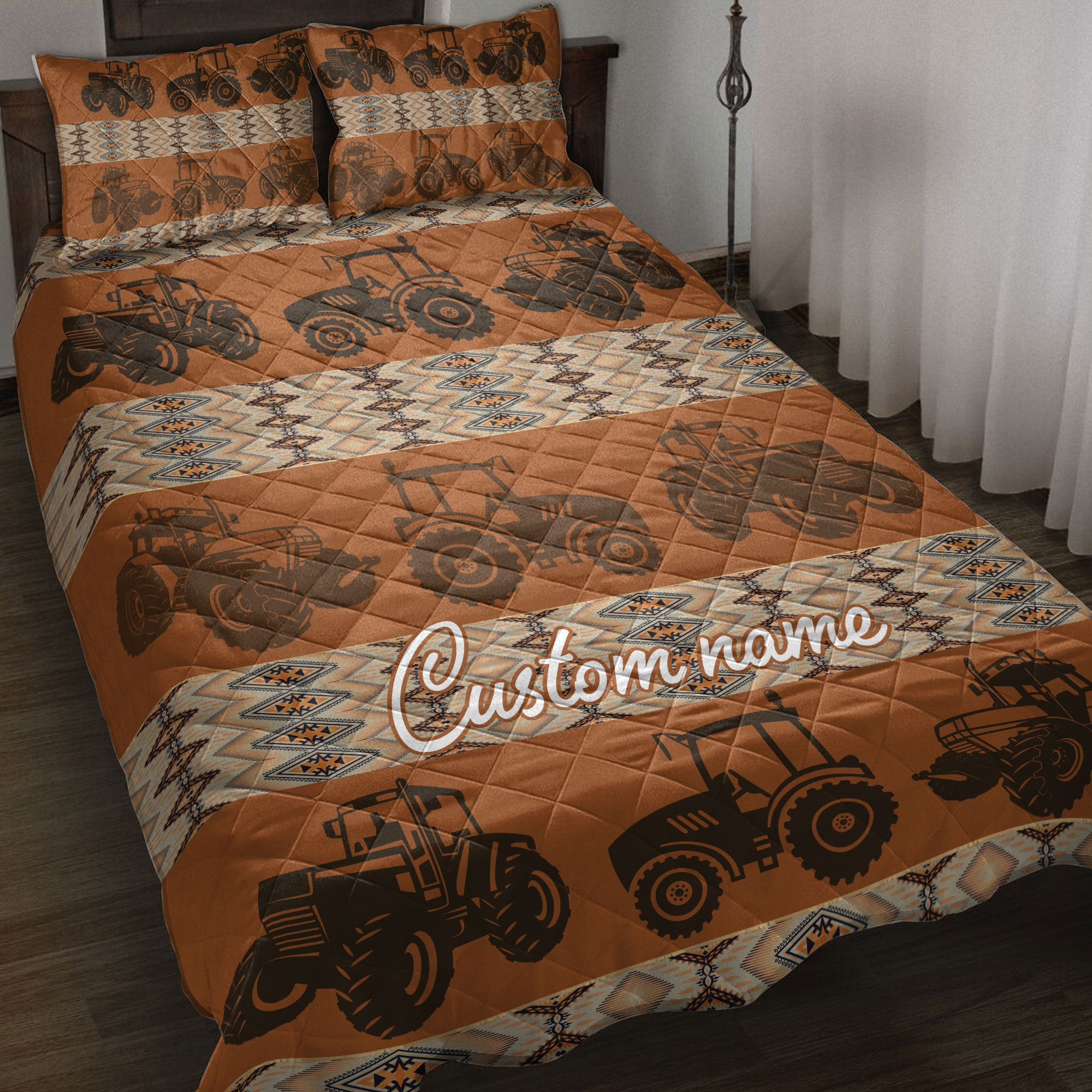 Personalized Tractor Quilt Bedding Set, Native Farm Tractor Farmho Use Quilt Blanket With Pillowcases, Custom Name Duvet Cover Set