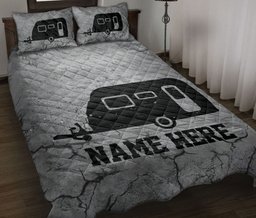 Personalized Camping Quilt Bedding Set, Camping Camper Crack Grays Quilt Blanket With Pillowcases, Custom Name Duvet Cover Set