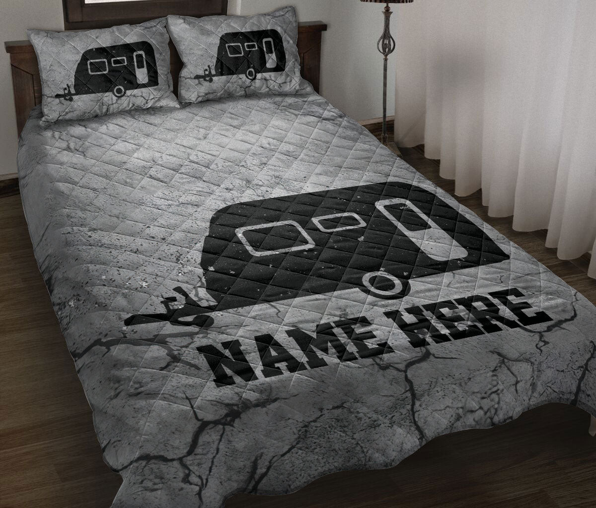 Personalized Camping Quilt Bedding Set, Camping Camper Crack Grays Quilt Blanket With Pillowcases, Custom Name Duvet Cover Set