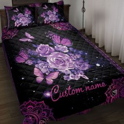 Personalized Rose Quilt Bedding Set, Purple Rose Butterfly Mandala Galaxy Violet Quilt Blanket With Pillowcases, Custom Name Duvet Cover Set