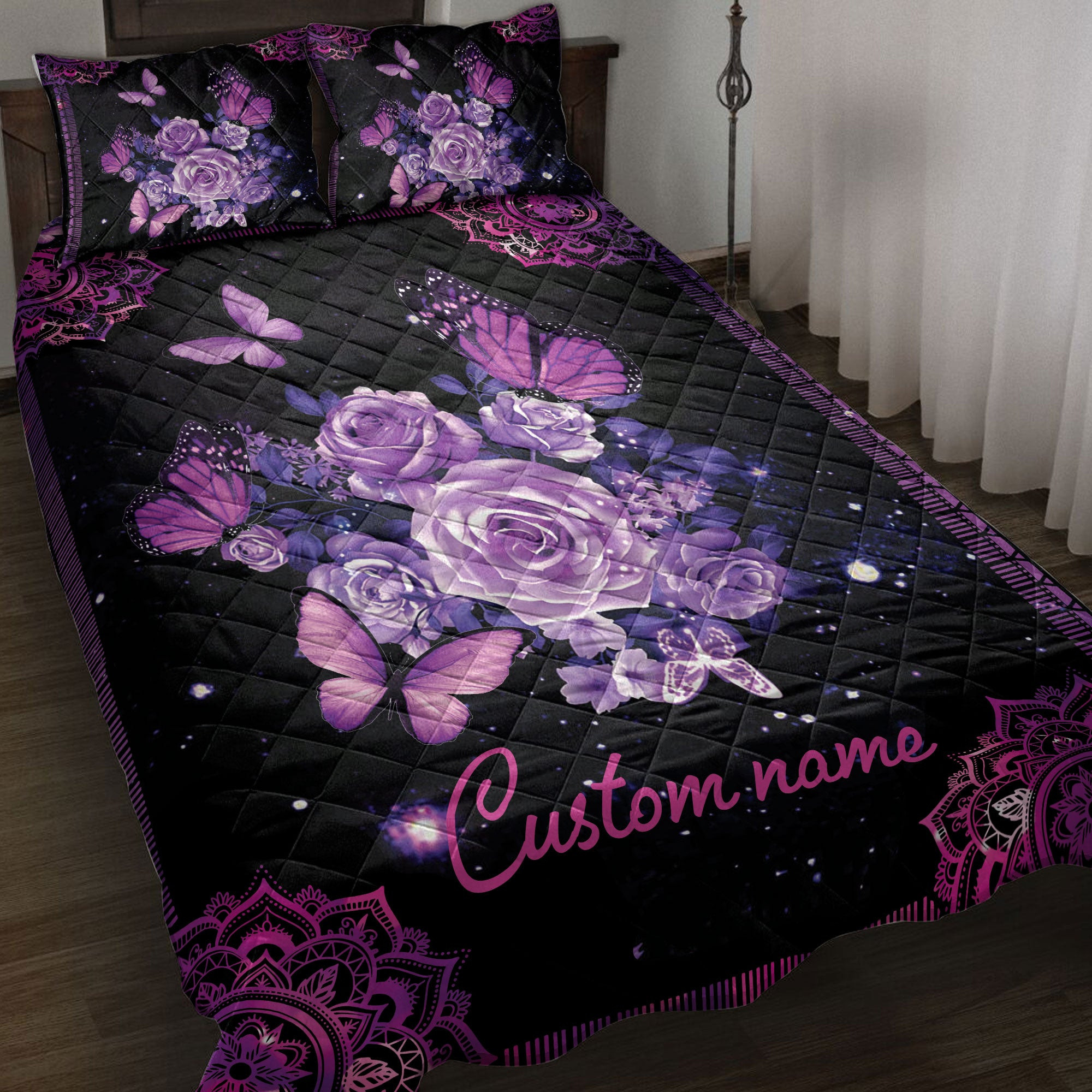 Personalized Rose Quilt Bedding Set, Purple Rose Butterfly Mandala Galaxy Violet Quilt Blanket With Pillowcases, Custom Name Duvet Cover Set