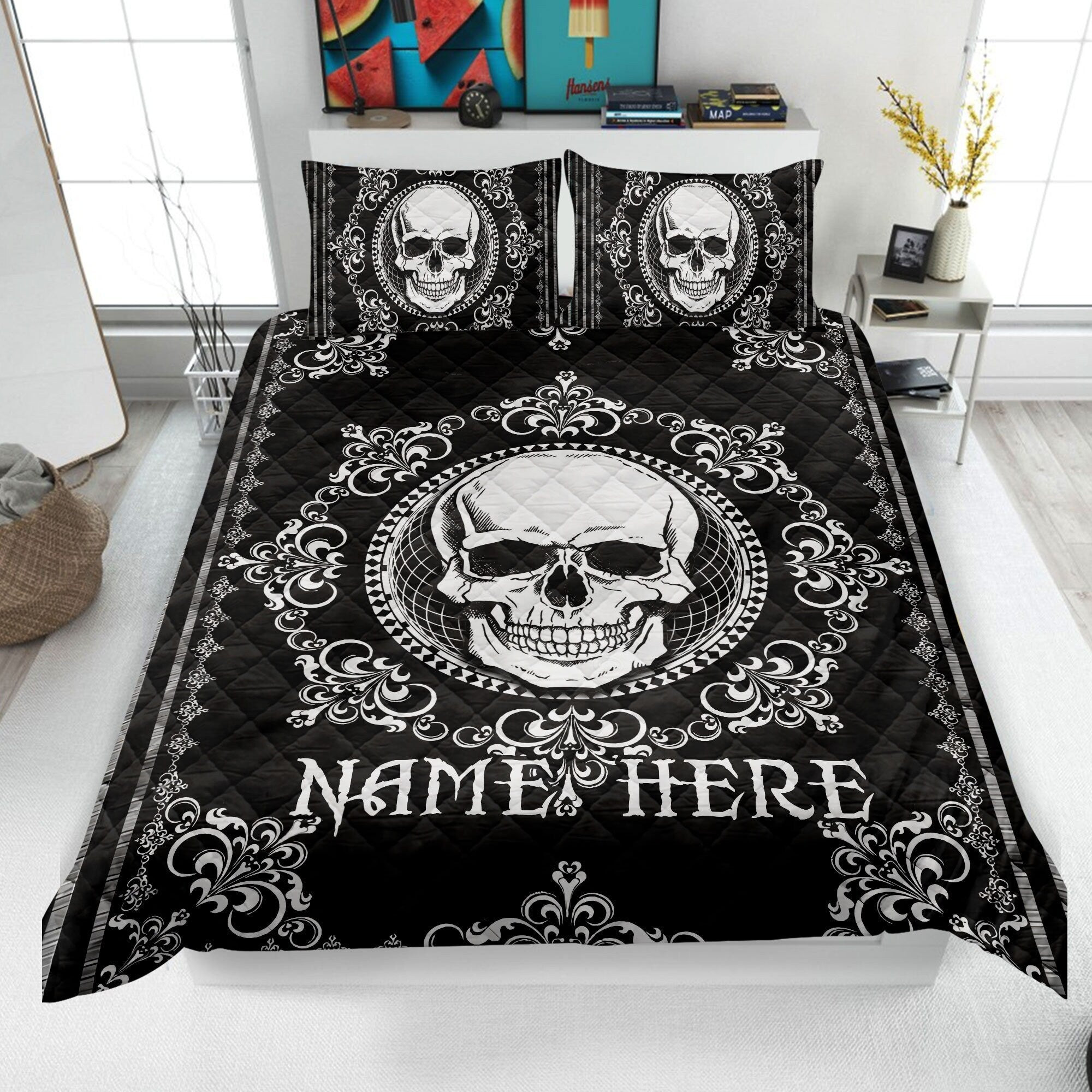 Personalized Skull Quilt Bedding Set, Skull Mandala Quilt Blanket & Pillowcase, Custom Name Duvet Cover Set, Skull Bedspread, Gift for Skull Lover