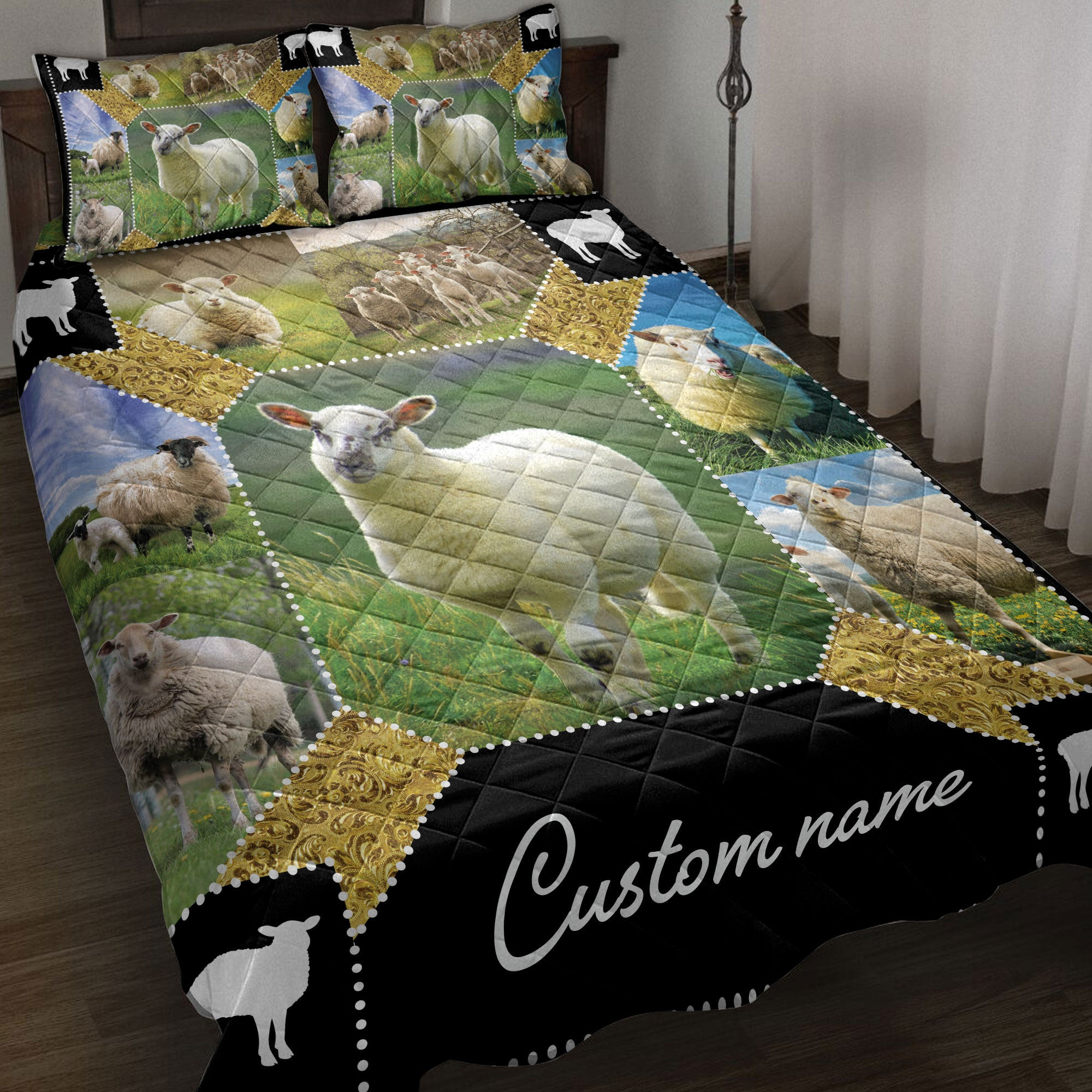 Personalized Sheep Quilt Bedding Set, Sheep Farm Farmer Farmho Use Quilt Blanket With Pillowcases, Custom Name Duvet Cover Set