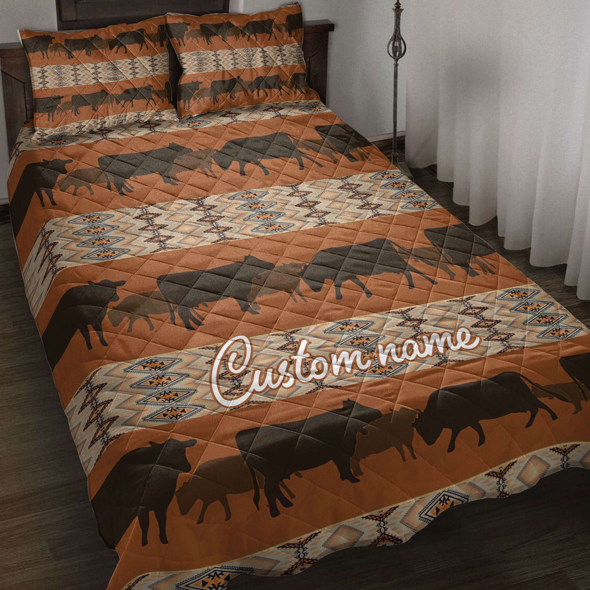 Personalized Cow Quilt Bedding Set, Native Cow Farm Farmho Use Quilt Blanket With Pillowcases, Custom Name Duvet Cover Set