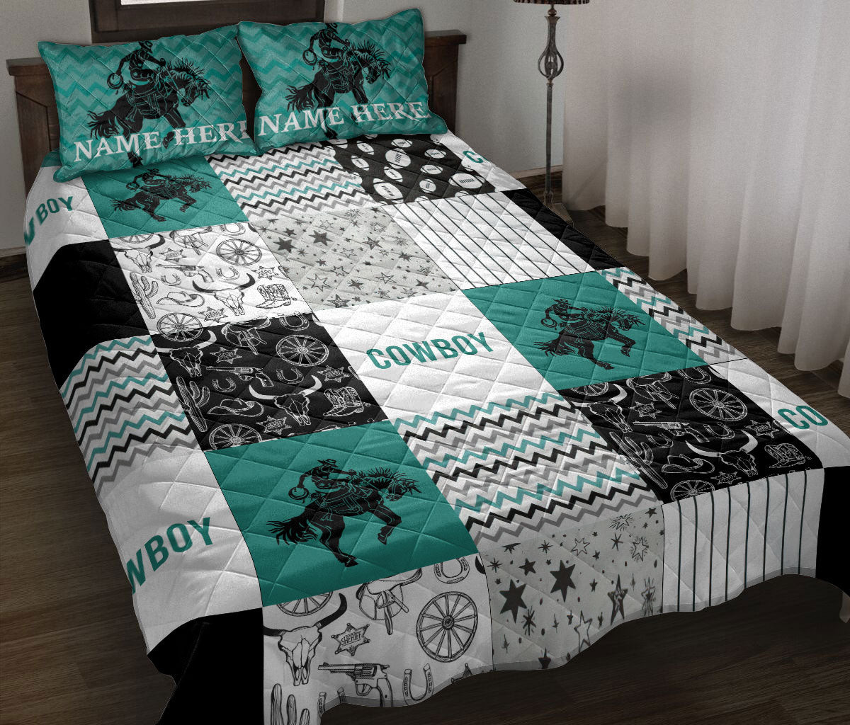 Personalized Cowboy Quilt Bedding Set, Cowboy Patchwork Western Horse Quilt Blanket With Pillowcases, Custom Name Duvet Cover Set