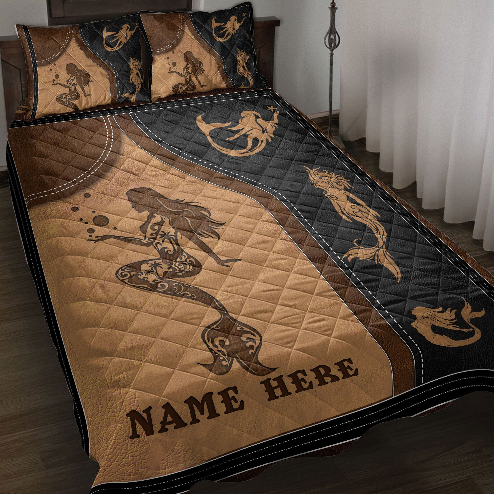 Personalized Mermaid Quilt Bedding Set, Mermaid Sea Ocean Mythology Quilt Blanket With Pillowcases, Custom Name Duvet Cover Set
