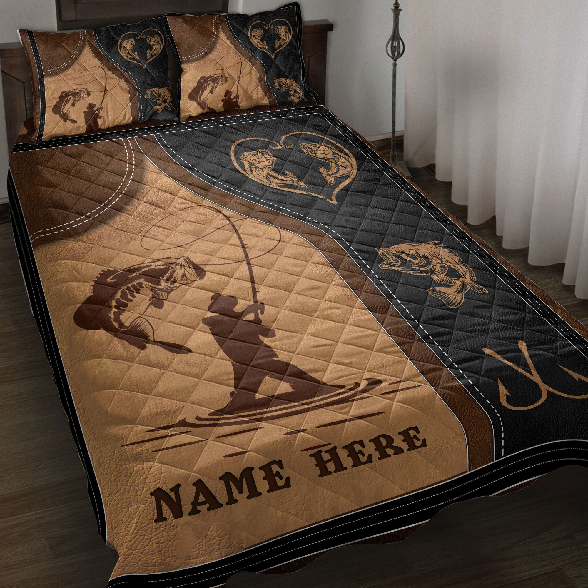 Personalized Fishing Quilt Bedding Set, Fishing Fish Quilt Blanket With Pillowcases, Custom Name Duvet Cover Set
