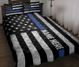 Personalized Police Quilt Bedding Set, Police Thin Blue Line US Flag Back The Blue Quilt Blanket With Pillowcases, Custom Name Duvet Cover Set