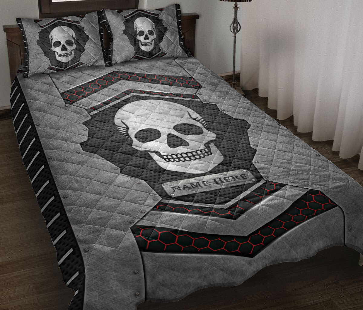 Personalized Skull Quilt Bedding Set, Skull Carbon Stone Silver Quilt Blanket With Pillowcases, Custom Name Duvet Cover Set