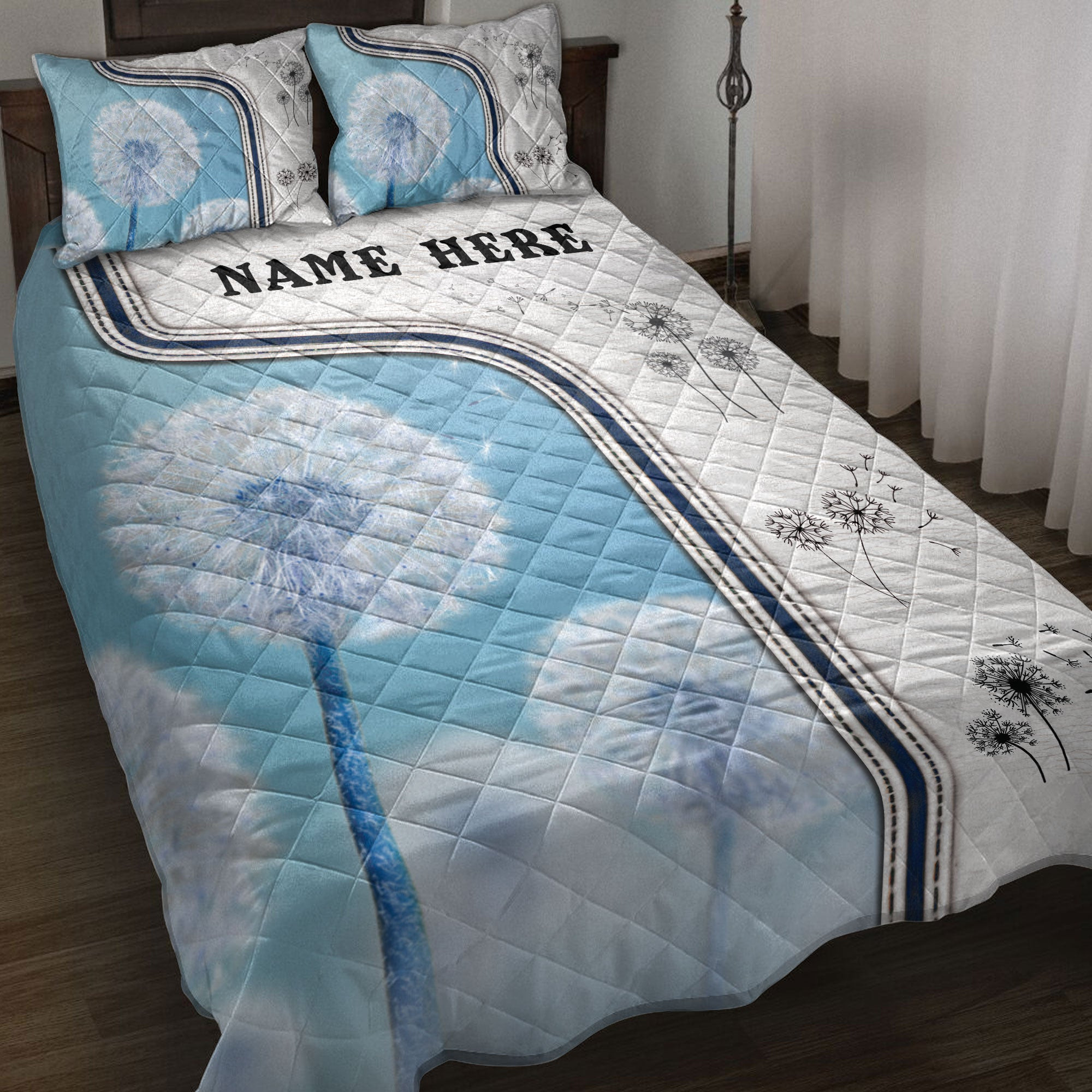 Personalized Dandelion Quilt Bedding Set, Dandelion Flowers 3D Print White Quilt Blanket With Pillowcases, Custom Name Duvet Cover Set