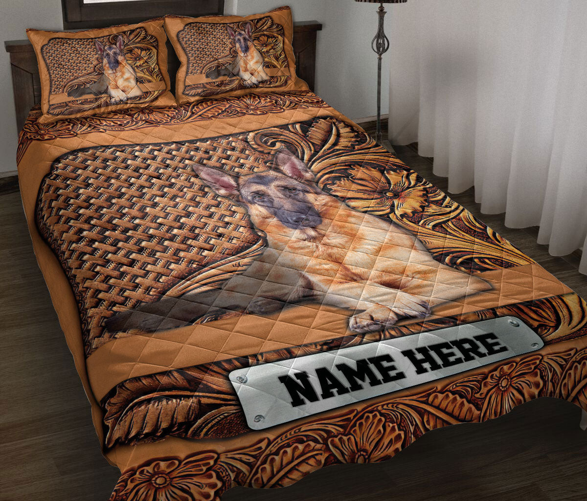 Personalized German Shepherd Quilt Bedding Set, German Shepherd Dog Sculpture Wood Quilt Blanket With Pillowcases, Custom Name Duvet Cover Set