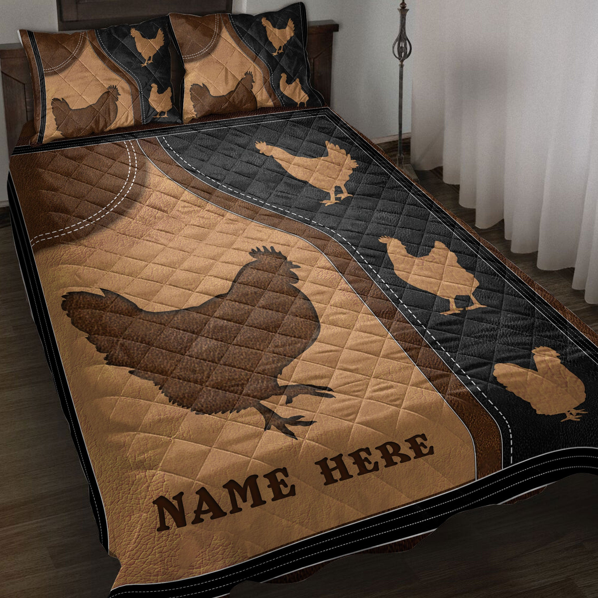 Personalized Chicken Quilt Bedding Set, Chicken Hen Farm Farmer Quilt Blanket With Pillowcases, Custom Name Duvet Cover Set