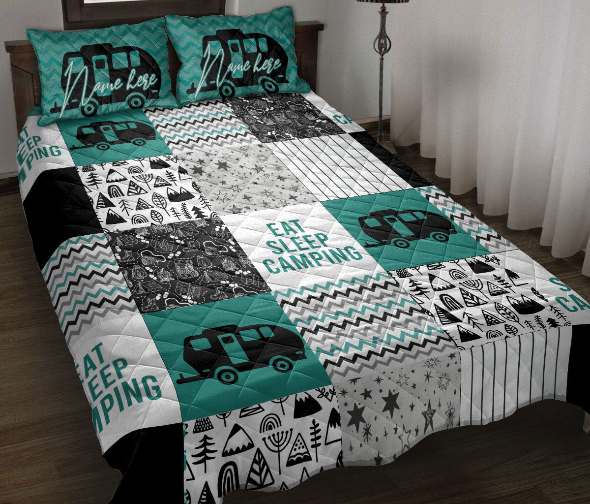 Personalized Camping Quilt Bedding Set, Eat Sleep Camping Patchwork Camper Quilt Blanket With Pillowcases, Custom Name Duvet Cover Set