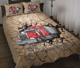 Personalized Trucker Quilt Bedding Set, Red Trucker Truck Driver Crack Earth Quilt Blanket With Pillowcases, Custom Name Duvet Cover Set