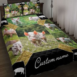 Personalized Pig Quilt Bedding Set, Pig Farm Farmer Farmho Use Patchwork Quilt Blanket With Pillowcases, Custom Name Duvet Cover Set