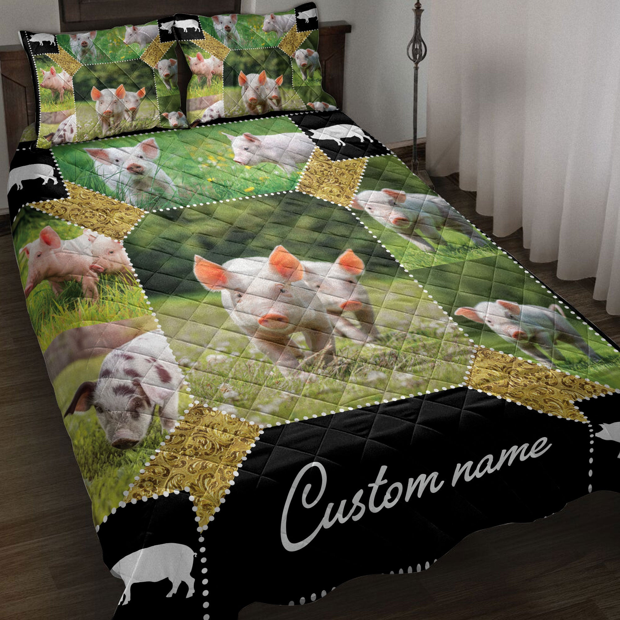 Personalized Pig Quilt Bedding Set, Pig Farm Farmer Farmho Use Patchwork Quilt Blanket With Pillowcases, Custom Name Duvet Cover Set