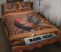 Personalized Chicken Quilt Bedding Set, Chicken Rooster Sculpture Wood Quilt Blanket With Pillowcases, Custom Name Duvet Cover Set
