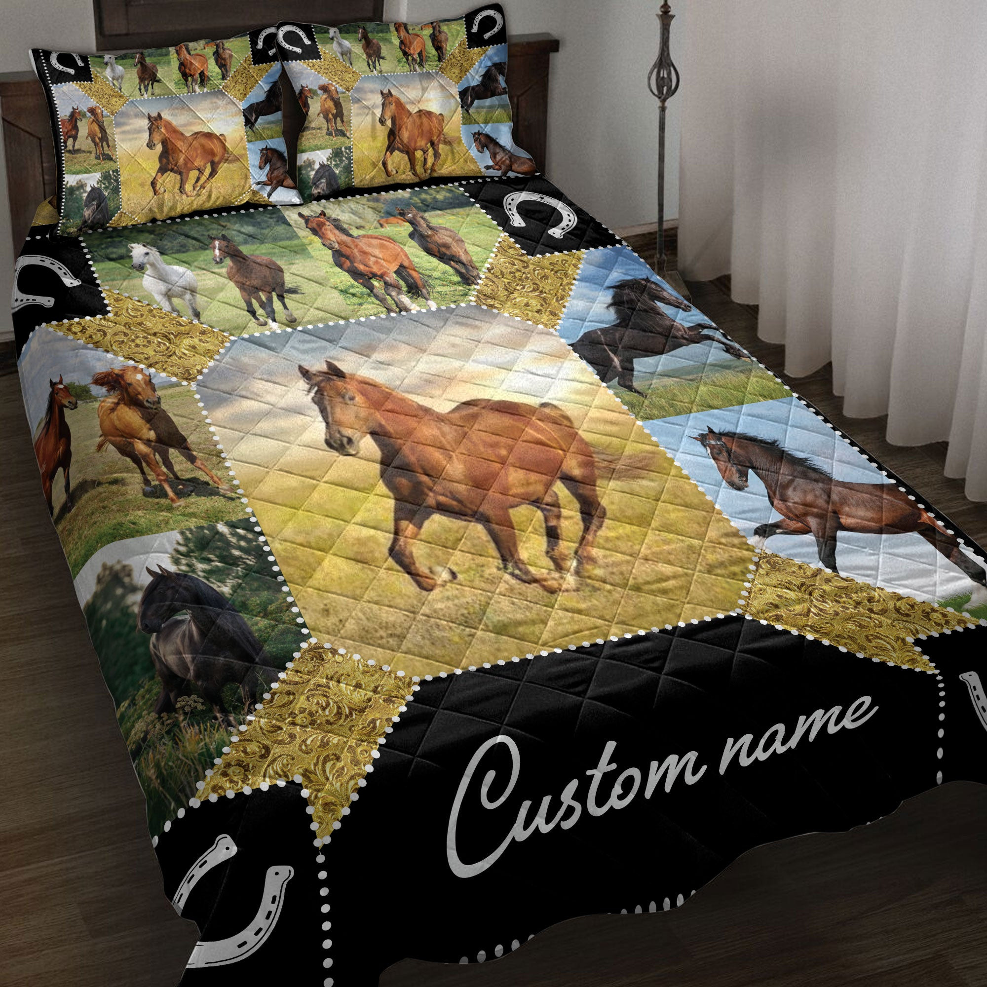Personalized Horse Quilt Bedding Set, Horse Farm Farmer Farmho Use Quilt Blanket With Pillowcases, Custom Name Duvet Cover Set