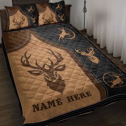 Personalized Hunting Quilt Bedding Set, Deer Head Buck Hunting Hunter Quilt Blanket With Pillowcases, Custom Name Duvet Cover Set