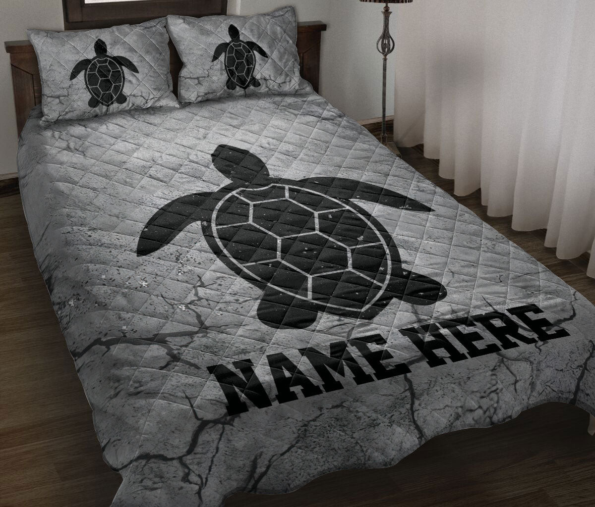 Personalized Turtle Quilt Bedding Set, Turtle Crack Grays Quilt Blanket With Pillowcases, Custom Name Duvet Cover Set