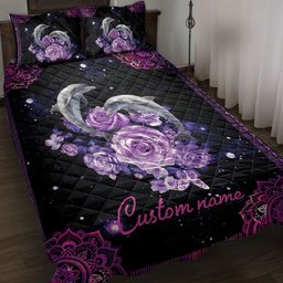 Personalized Dolphin Quilt Bedding Set, Purple Rose Dolphin Sea Ocean Mandala Quilt Blanket With Pillowcases, Custom Name Duvet Cover Set