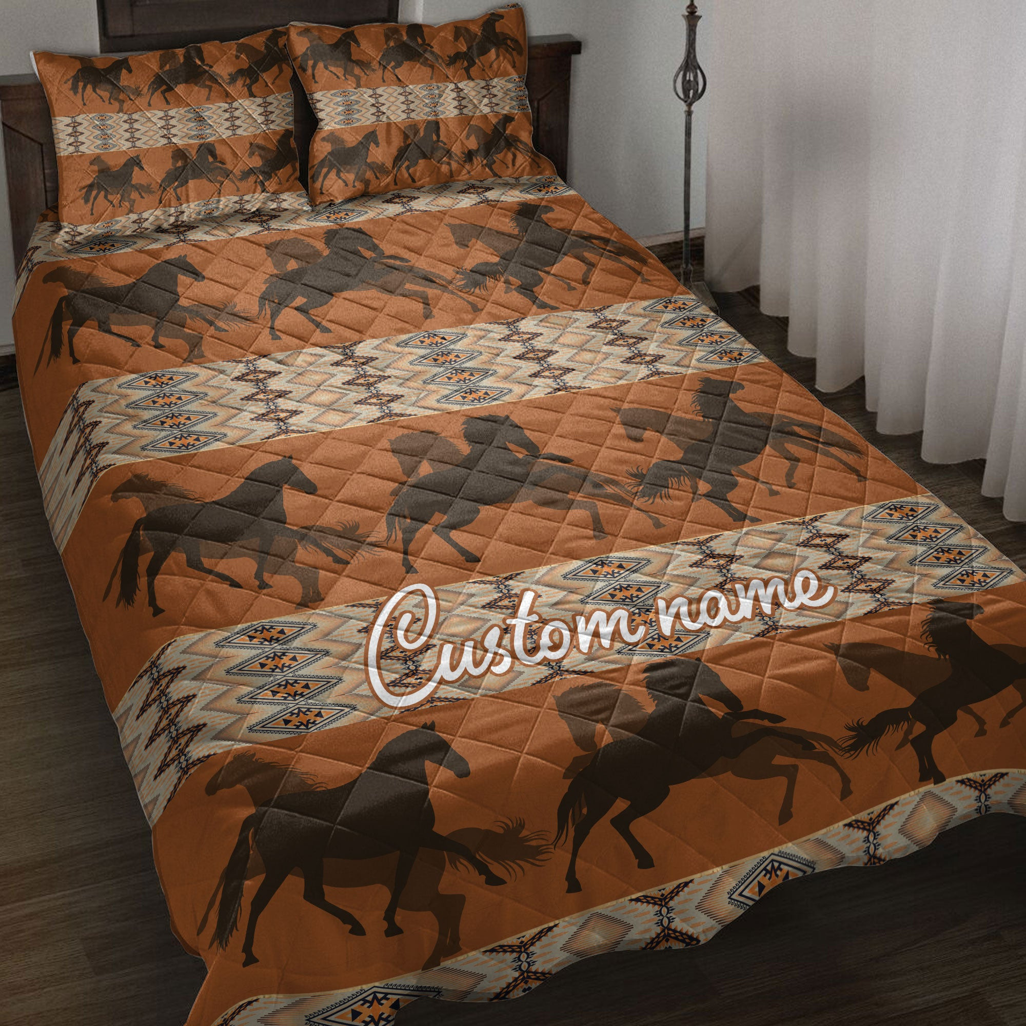 Personalized Horse Quilt Bedding Set, Native Horse Farm Farmho Use Quilt Blanket With Pillowcases, Custom Name Duvet Cover Set