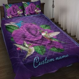 Personalized Hummingbird Quilt Bedding Set, Purple Rose Hummingbird Bird Violet Quilt Blanket With Pillowcases, Custom Name Duvet Cover Set